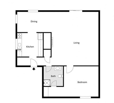 Floor plan for 1 bed, 1 bath, 775 sqft